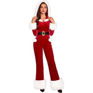 Womens Christmas Jumpsuit Velvet Santa Costume Faux Fur One Piece Holiday Outfit
